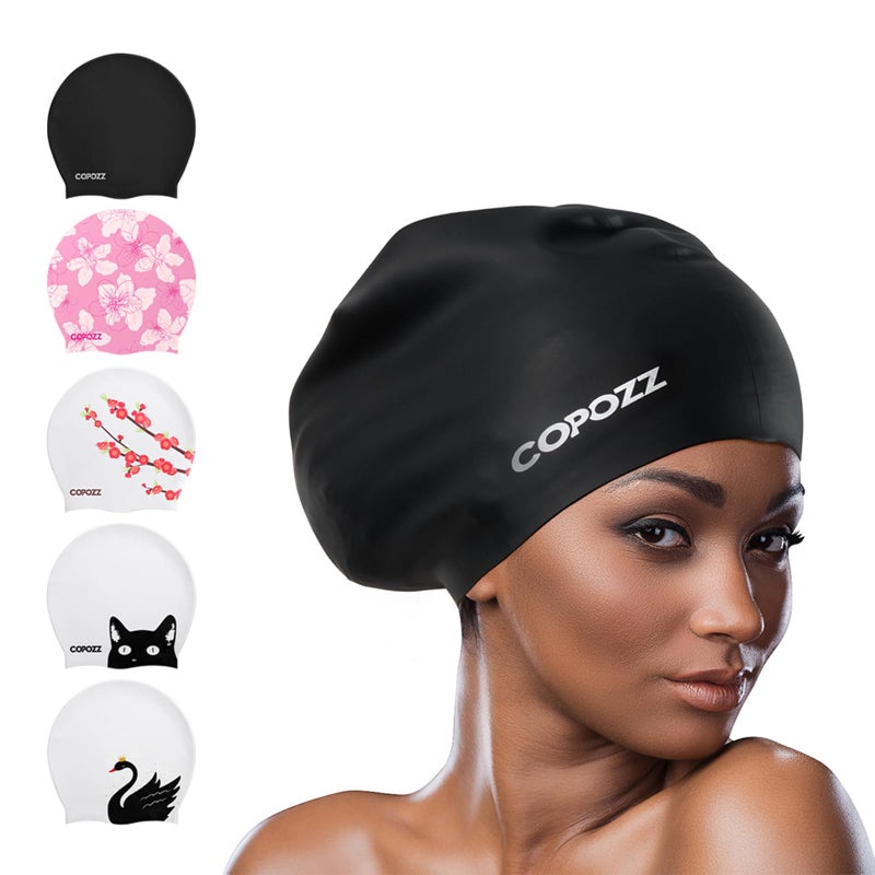 COPOZZ Extra Large Swim Cap, Designed for Long Hair Braids Dreadlocks Weaves Hair Extensions Curls & Afros, Silicone Bathing Cap Swimming Hat for Women Men - Image 1